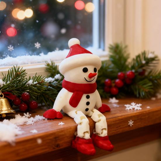 Yousheng 3D Printed Snowman Ornament Christmas Snowman Figurine with Articulated Legs Sitting Snowman Stress Relief Toy for Desk Shelf Festive