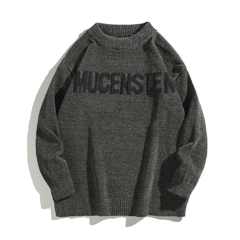 

Men s Retro Winter Fashion Embossed Letter Knit Pullover Sweater Extra Large темно-сірий