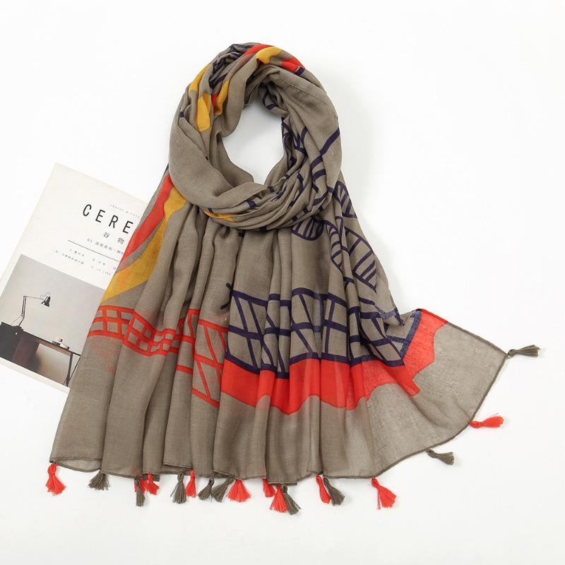 Spring and Autumn New Bali Yarn Tassel Retro Printed Geometric Scarf Versatile Fashion Travel Sunscreen Shawl Silk Scarf Women