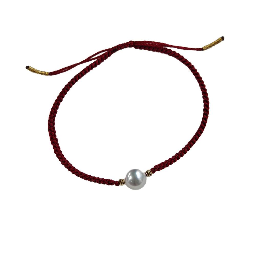 18K Gold Akoya Pearl Adjustable Red String Bracelet - Handmade Woven Style