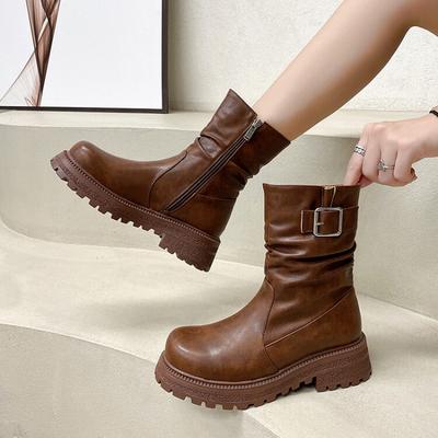 Autumn and Winter Women's Medium Leather Boots European and American New Large Size Shoes Medium Heel Round Head Sleeve Thick Sole Non-slip Fashi