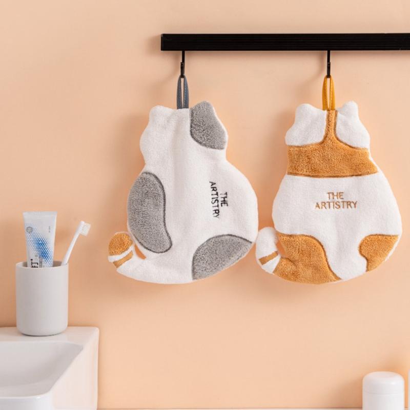Cute Cat Hanging Towel Kitchen Hand Towel Bathroom Soft Absorbent Handkerchief Wipe Towel Cartoon Kids Towels