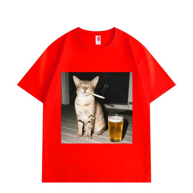 Funny Smoking and Drinking Cat Meme T Shirt High Quality Oversized T-shirts Men Women Casual Cotton Short Sleeve T-shirt
