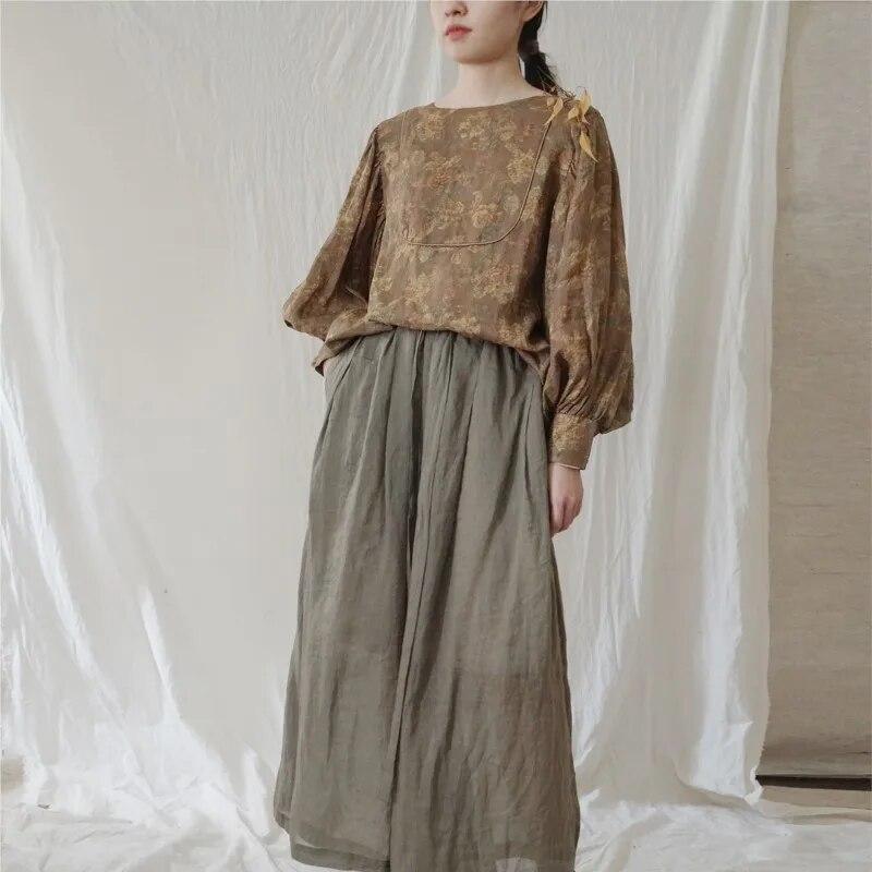 Johnature Women Print Floral Vintage Linen T-Shirts Puff Sleeve O-Neck Loose Tees Autumn Chinese Style Women T-Shirts