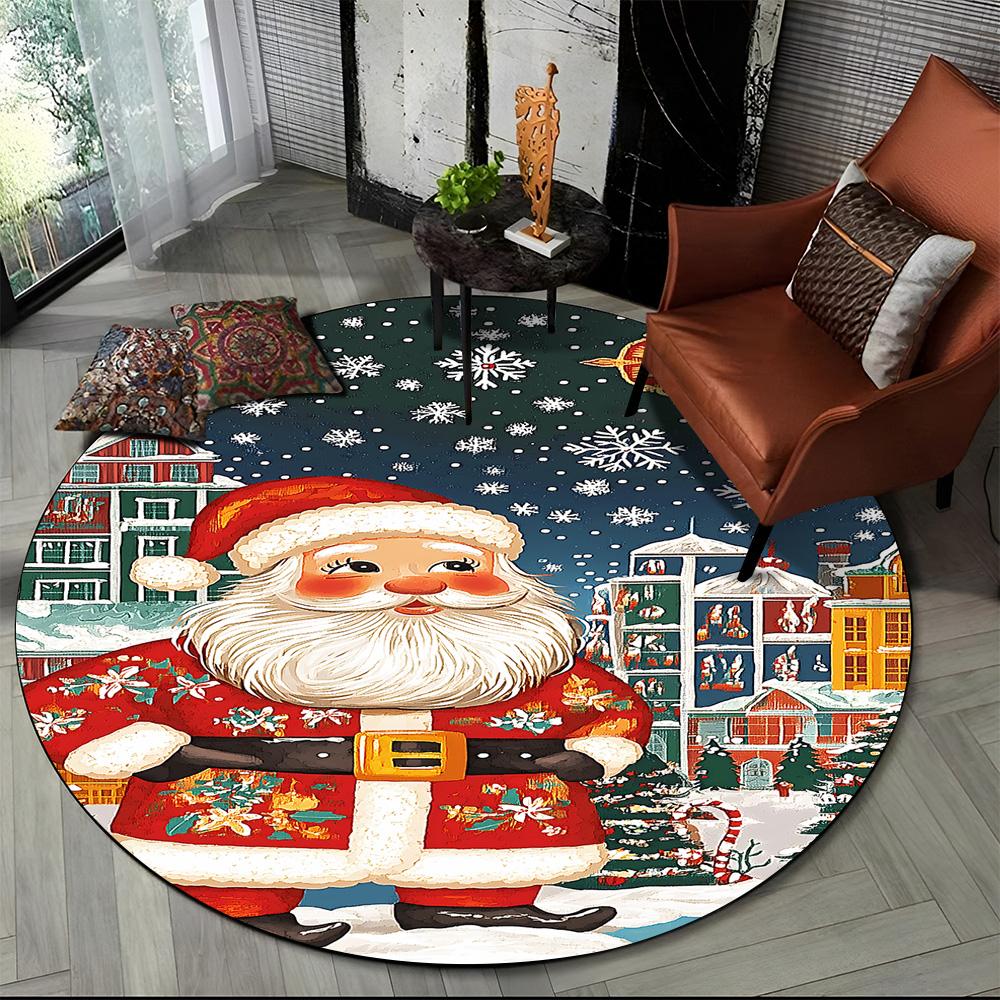 Merry Christmas Cartoon Santa Claus Snowman New Year Round Carpet Rug for Bedroom Living Room Sofa Decoration,Decor Floor Mat