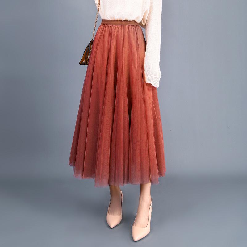 Elegant A-Line Pleated High Waist Mesh Skirt - Autumn Collection for Women