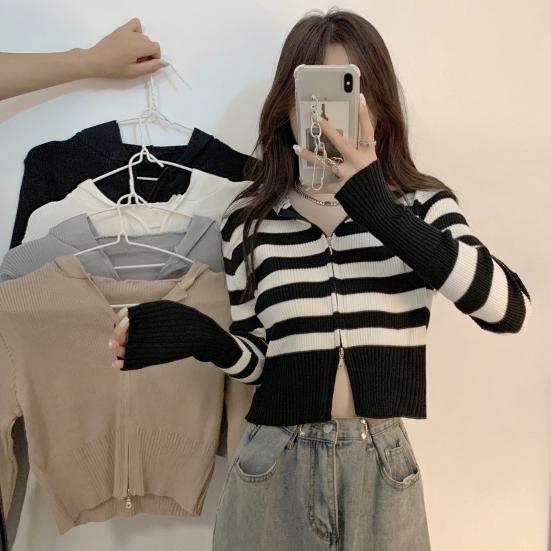 Wiosna jesień damski krótki płaszcz na drutach podwójny zamek błyskawiczny z kapturem dziergany kardigan z kapturem z długim rękawem jednolity kolor sweter płaszcz