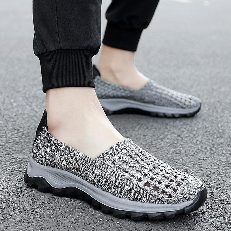 Summer Men Sneakers Braid Beach Shoes Casual Weave Blue Grey Breathable Slip on Flats Tennis Sneakers