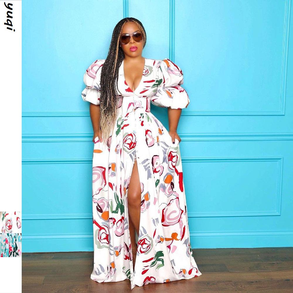 Spring and Summer New European and American Women's Clothing Sexy V-neck Waist Printing Bubble Sleeve Split Dress Long Dress