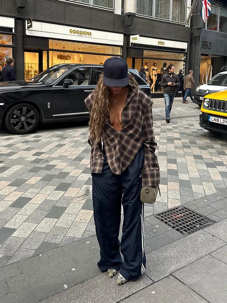 Camicie Eleganti a Quadri da Donna con Rever Maniche Lunghe Monopetto Oversize Autunno 2025 Lady Chic Streetwear