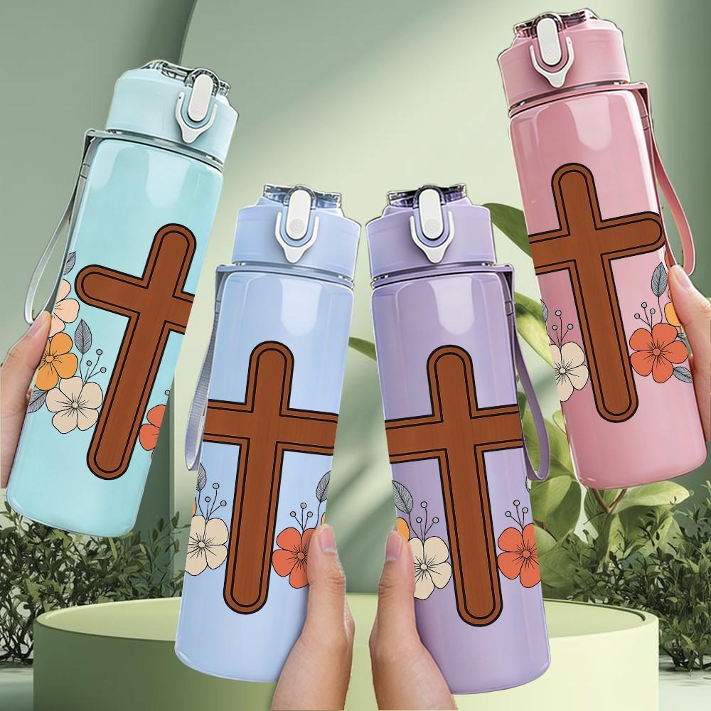 1PC Christian Cross Wild Flower Print 750ml Color Plastic Sports Water Bottle Leakproof Flip Straw Lid Suitable for Sports Office Home Use