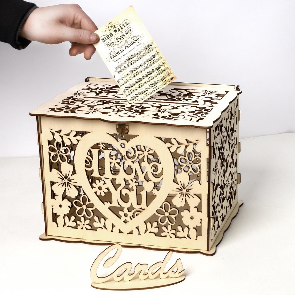 

Wooden Handicraft Wedding Ornaments: DIY Hollow Greeting Cards & Guest Book Card Box JM01321 Small