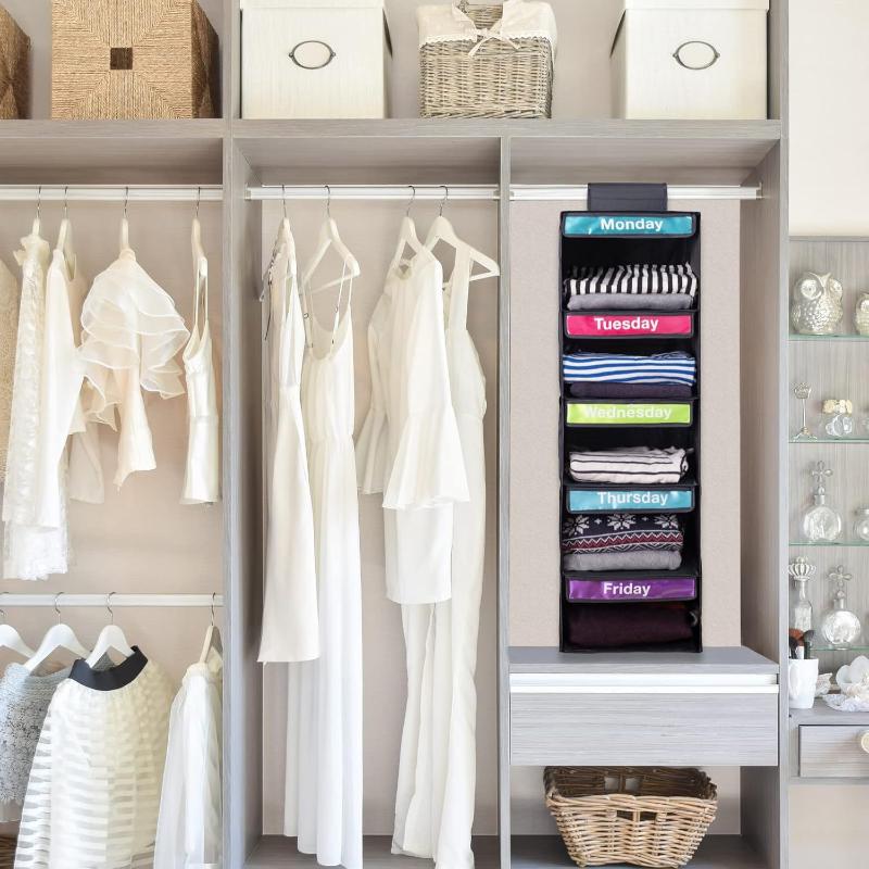5-Shelf Weekly Clothes Organizer Kids Daily Shelf Hanging Closet Organizer Days Of The Week Hanging Storage Shelves For Kids