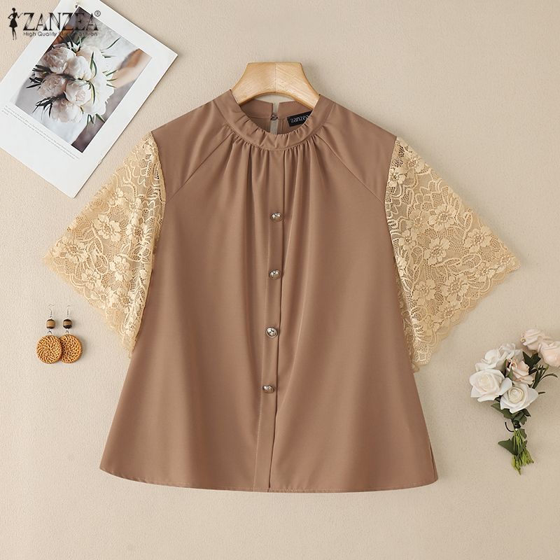 ZANZEA Women Casual Round Neck Lace Splice Short Sleeve Blouse Summer