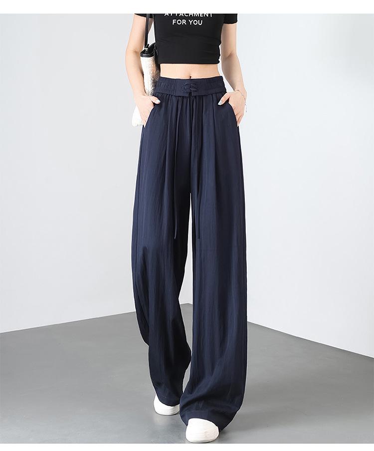 Women's Summer 2026 High-Waist Ice Silk Wide-Leg Pants - White Milk Puff Lazy Style