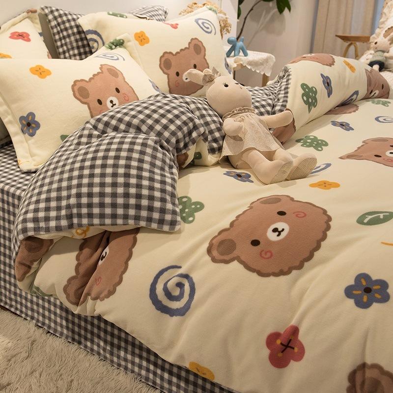 Winter Thickened Milk Velvet Four-piece Set Plus Velvet Warm Coral Velvet Quilt Cover Flannel Sheet Quilt Cover Bedding