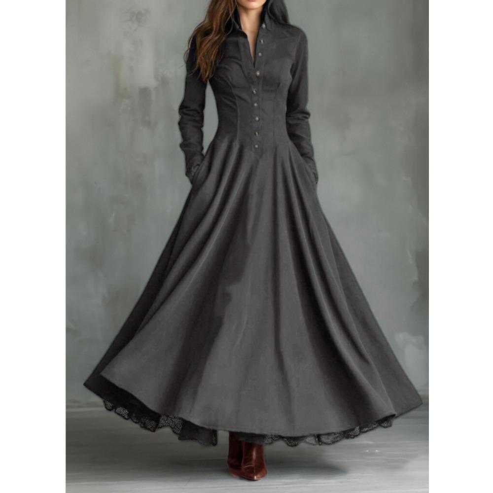 French Retro Temperament Imitation Suede Lace Edge Splicing Shirt Dress S серый