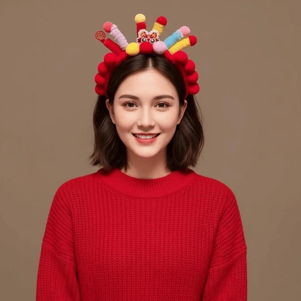 Cute Lion New Year Hair Hoop Tassel Flower Red Headband Embroidered Bow Tang Suit Hanfu Hair Accessories Girls