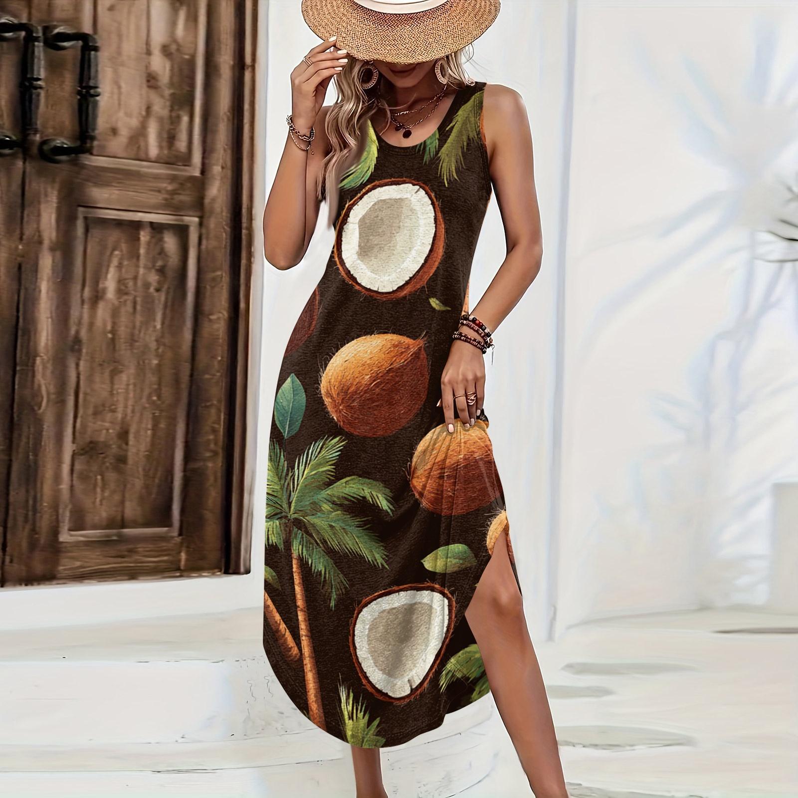 Women Sleeveless Maxi Dress Casual Loose Fit Summer Hawaiian Print Long Dress Beachwear Side Slit Tank Dress L белый