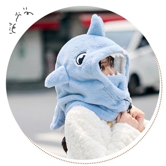 Women Winter Hat Full Protection Cartoon Shark Shape Thickened Plush Drawstring Adjustment Windproof Warm Outdoor Skiing Cap