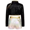 Kids Girls Demon Cosplay Singer Dance Outfit Sequins Shiny Long Sleeve Gold Webbing Trim Outer Wear with Golden Chain and Gloss Patchwork Color Block