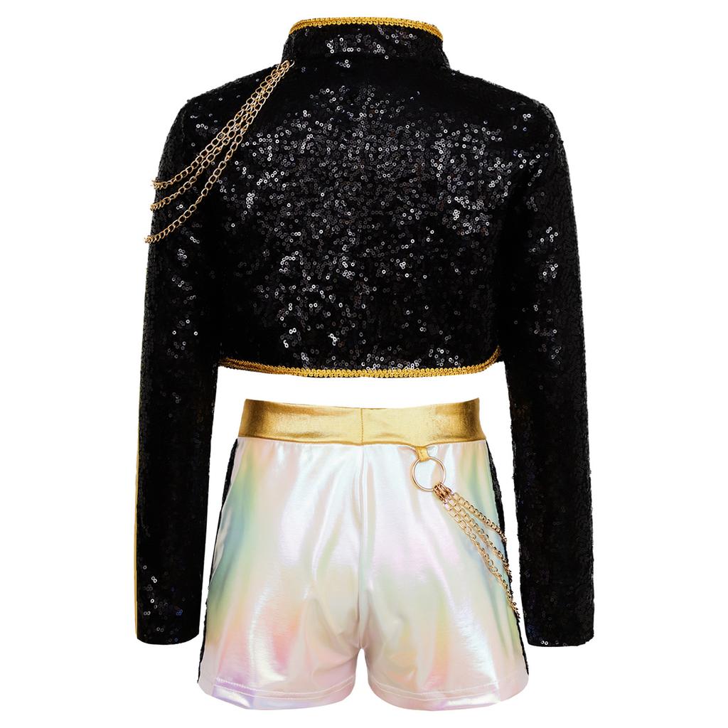 Girls Demon Singer Costume Sequins Shiny Long Sleeve Outerwear Golden Chain Waist Chain Shorts Set