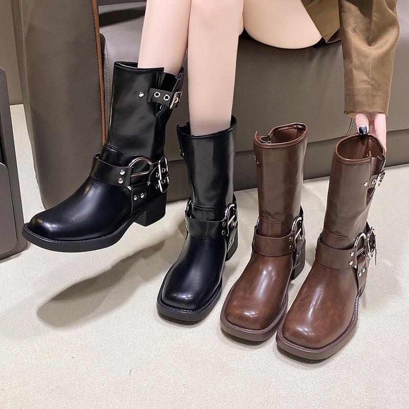 2025 braune Lederstiefel Britischer Stil dicker Absatz Retro Martin Stiefel Damen Sommer Frühling und Herbst Ritterstiefel Cowboy Western neu