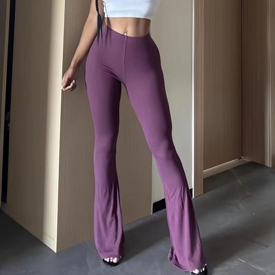 Women Flared Pants Elastic High Waist Solid Color Long Pants Ribbed Texture Yoga Running Cycling Trousers