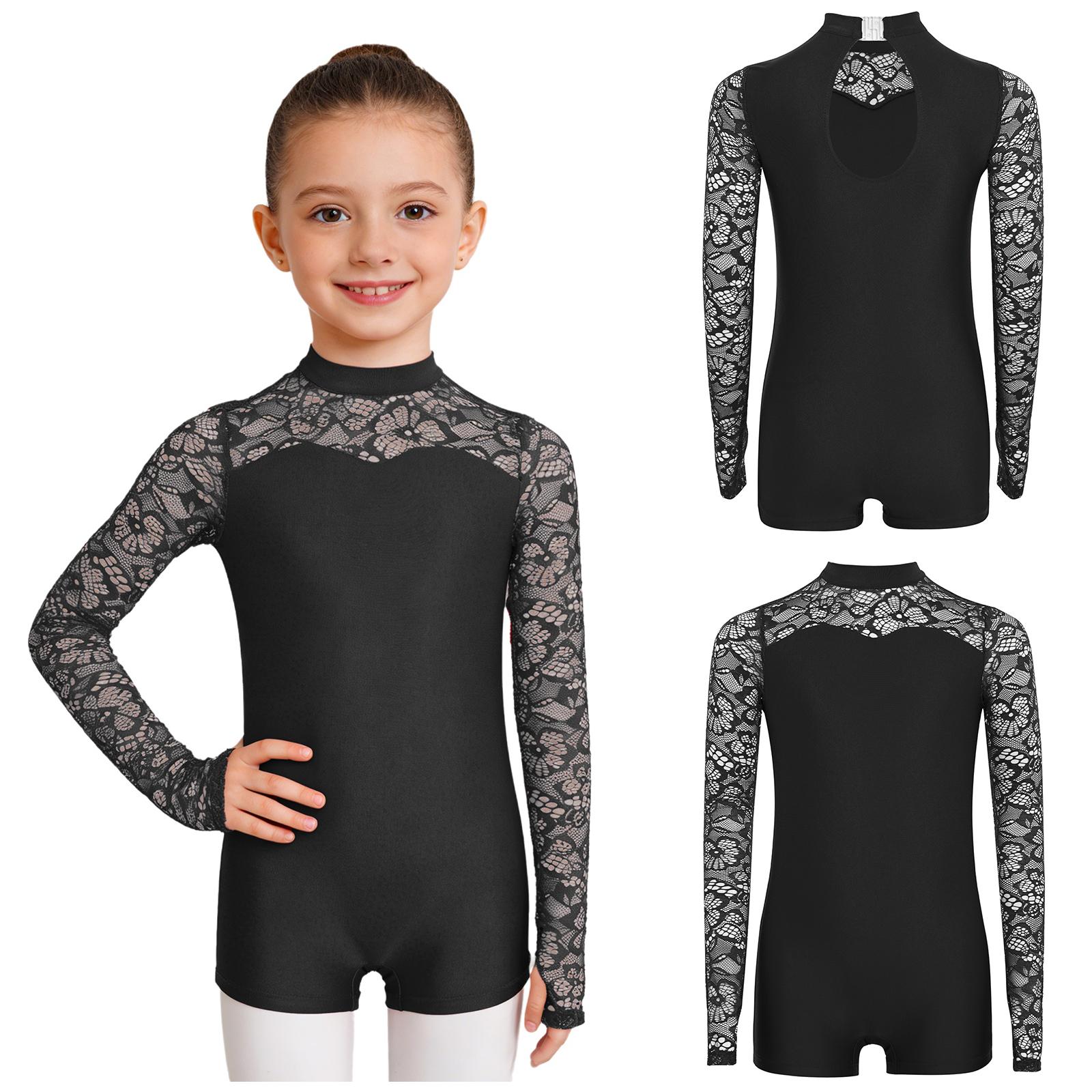 Spitzen-Patchwork Langarm-Trikot für Mädchen mit Schlüsselloch-Rücken Gymnastik-Tanz-Bodysuit für Bühnenwettkämpfe 5-6 Years schwarz