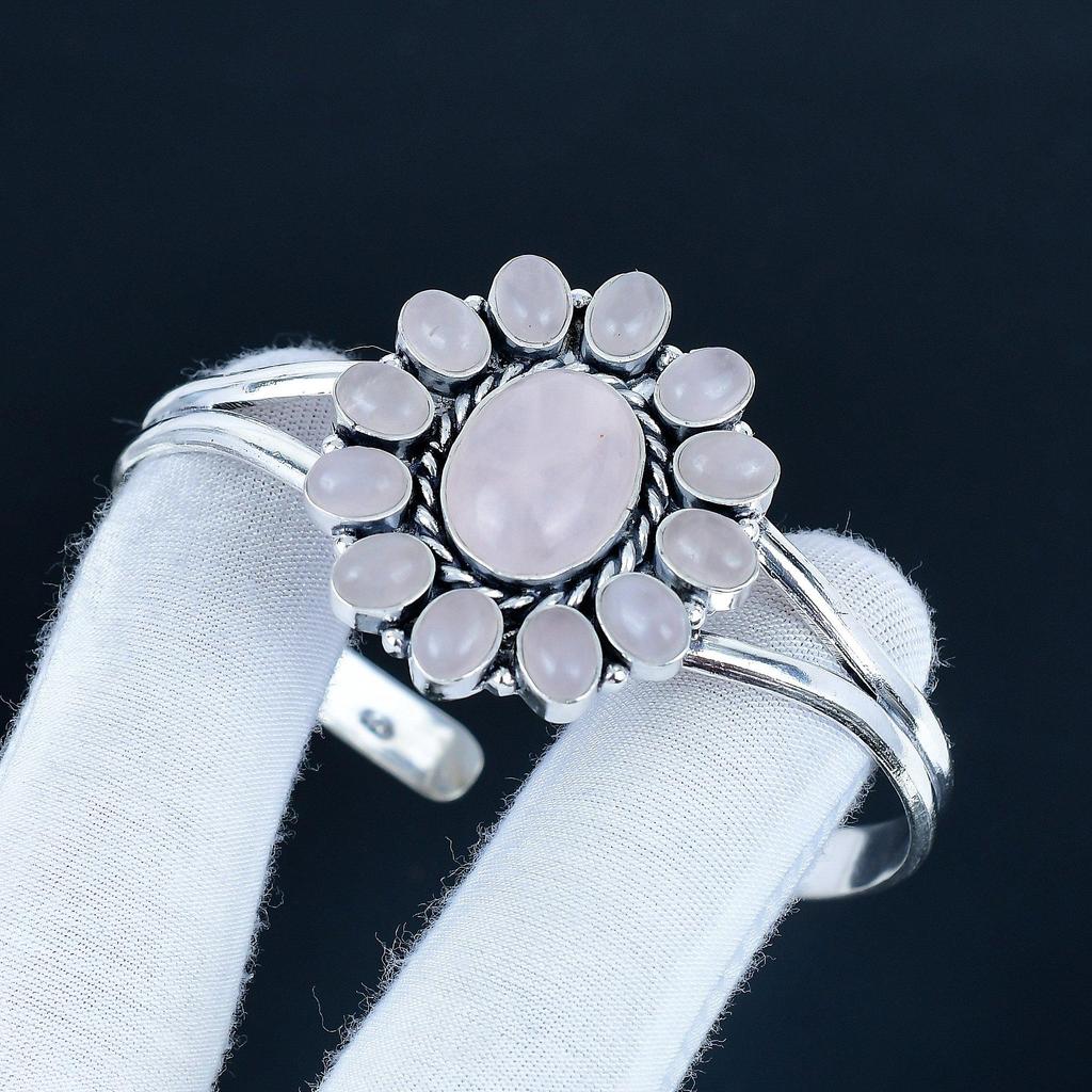 Natural Rose Quartz Gemstone Handmade Cuff Bangle 925 Sterling Silver Cuff Bangle,Rose Quartz Flower Shape Bracelet For Wife, Unisex Bangle