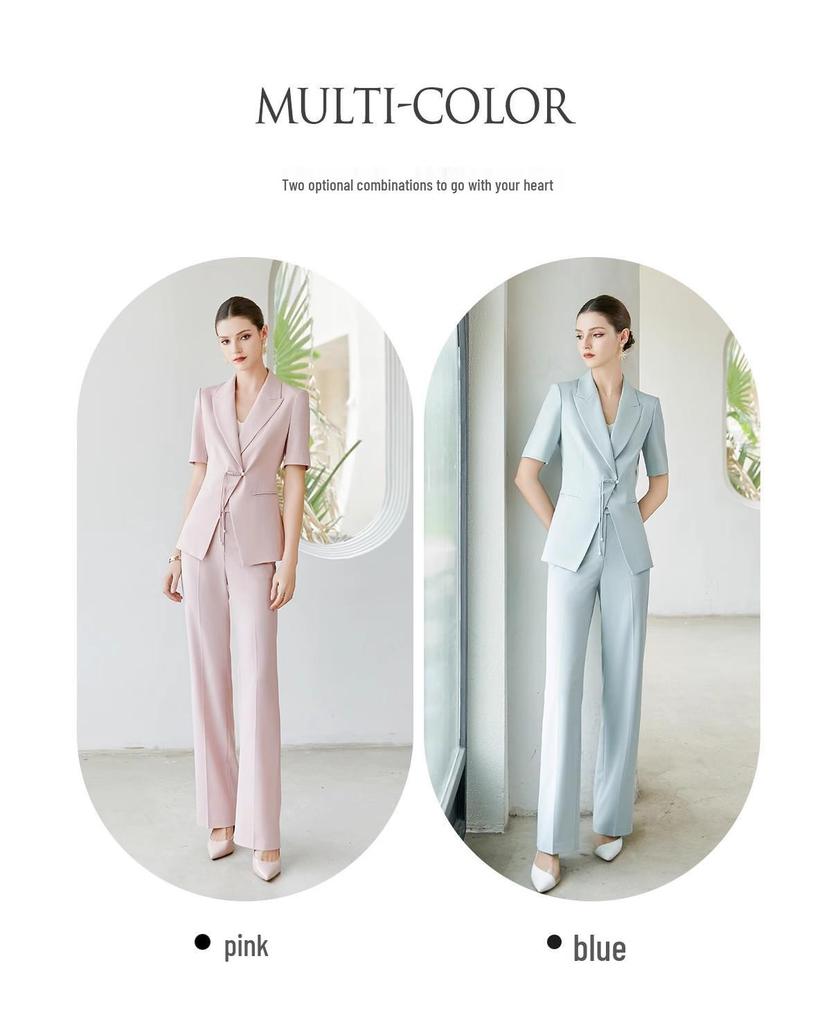 Conjunto de Terno de Verão Profissional Azul Leve Estilo Chinês: Fato Calças Formal para Trabalho Amigo da Pele