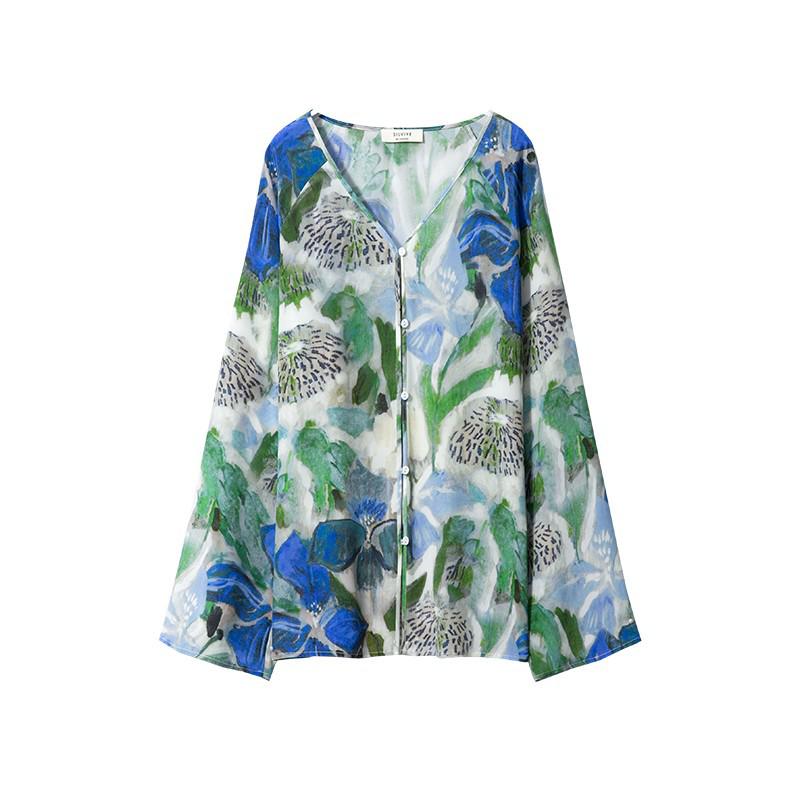 Women's Mulberry Silk Crepe De Chine Printed Beach Shirt, Vacation Top, Spring Outfit