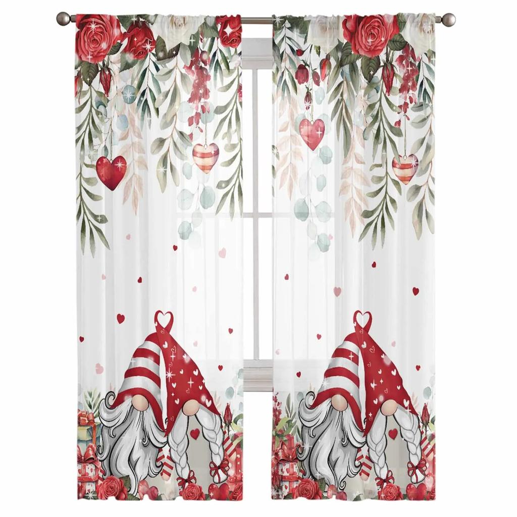 Valentine'S Day Rose Love Gnome Tulle Curtains For Living Room Sheer Curtain For Bedroom Kitchen Blinds Voile Curtains
