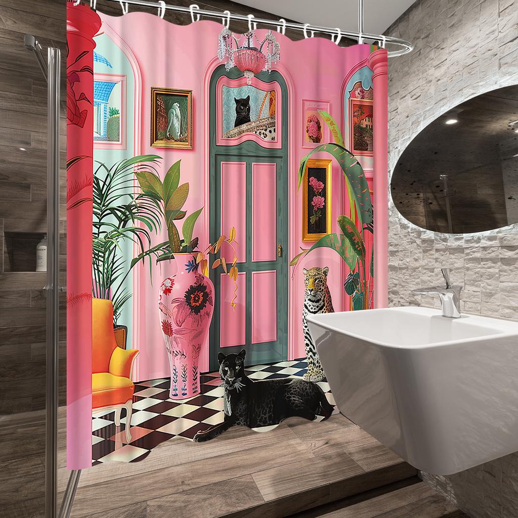 1 Stück Surreale Leoparden-Duschvorhang - Helles Rosa Innenleben, Exotische Blumen, Kariertes Bodendesign, Dekorativer Duschvorhang