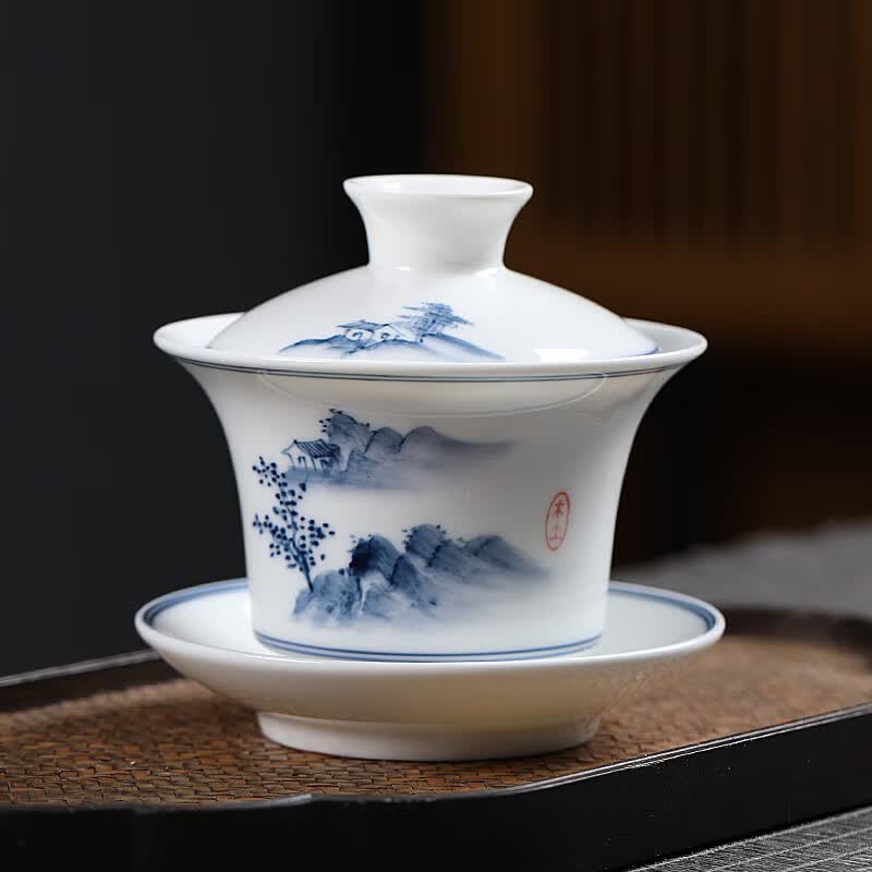 Hand-Painted Landscape Porcelain Gaiwan