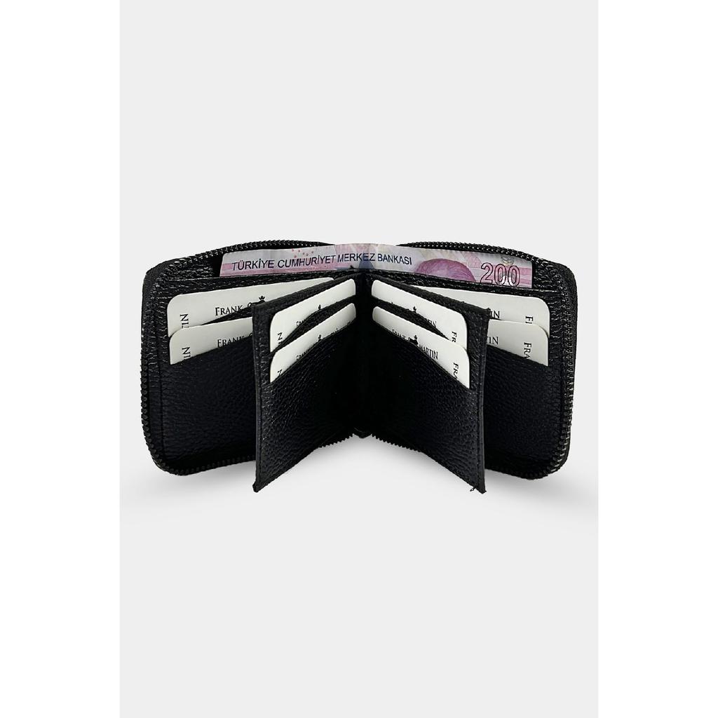 Stilvolles schwarzes Kartenetui aus Leder mit originellem Geldfach mit Reißverschluss und Geschenkbox