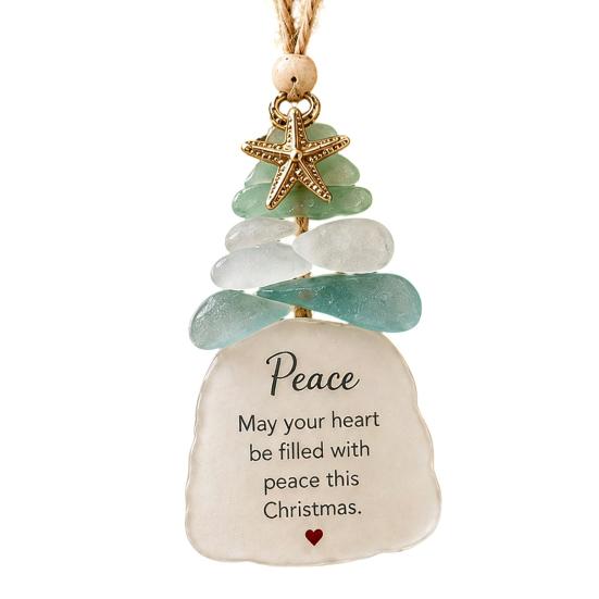 Christmas Tree Decor Sea Glass Ornament, Seaglass Art Hanging with Starfish Charm, Acrylic Ornaments Peace Love Joy Faith Family Friends Hope Pendant