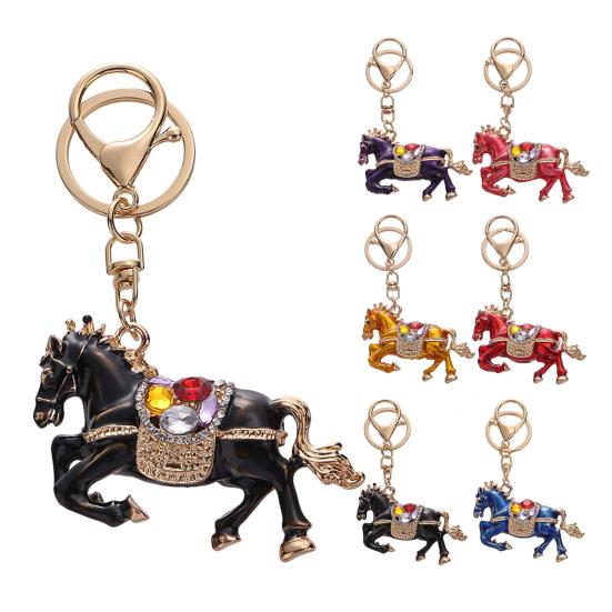 Keychain Pendant Chinese Style Rhinestones-Encrusted Oil Painting 3D Zodiac Horse Design Key Chain Metal