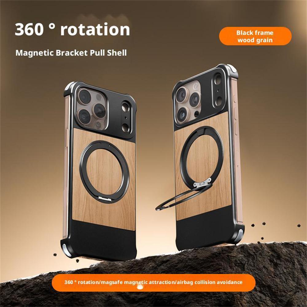For iPhone 15 Pro Max 360° Rotating Stand Wood Grain Metal Protective Case Magnetic Charging Shockproof Camera Protection