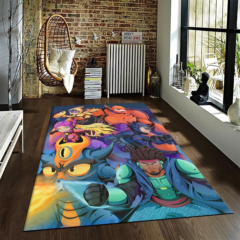 Big Hero 6 Team Anime Poster Armor Baymax Fighting City Night Colorful area rug floor decor great for gaming room dorm studio and cozy home spaces
