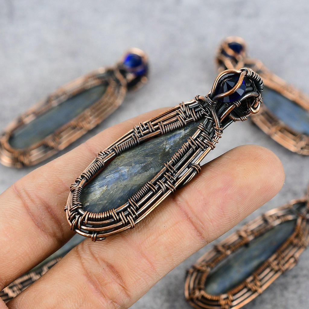 Kyanite Rough and Blue Sapphire Gemstone Pure Copper Wire Wrap Handmade Jewelry Pendant