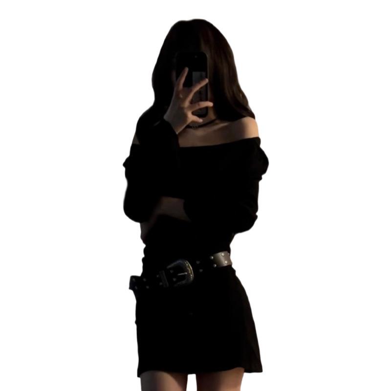 Y2K One-Shoulder Black Knit Dress: Sexy Autumn/Winter Bodycon Mini for Mature Women