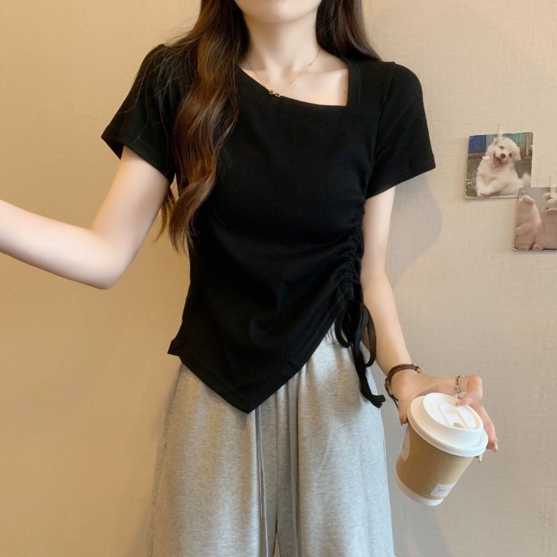 

Chic T-shirt Summer Slim Fit Half-Sleeve Top Drawstring Black M