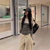 Temperament Contrast Striped Long-sleeved T-shirt for Women Spring New Slim Design One-shoulder Top