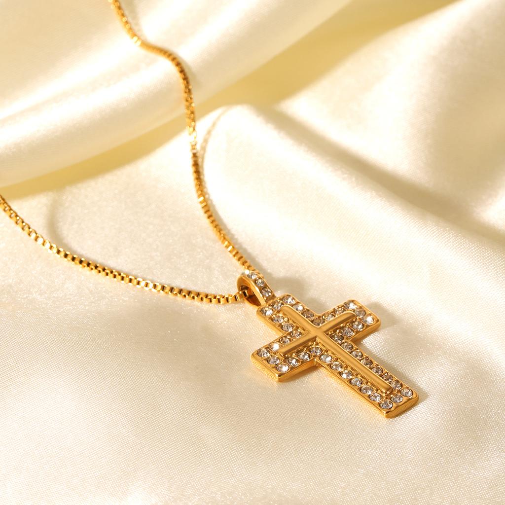Gold Tone Titanium Steel Cross Pendant Necklace with Diamond Accents Non Tarnish Elegant Collarbone Chain