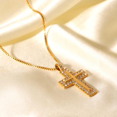 Gold Titanium Steel Cross Pendant Necklace with Diamond Accents Non Tarnish Elegant Collarbone Chain Jewelry Gift