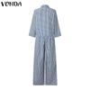 VONDA Women Lapel Neck Long Sleeve Plaid Casual Long Jumpsuits Overalls