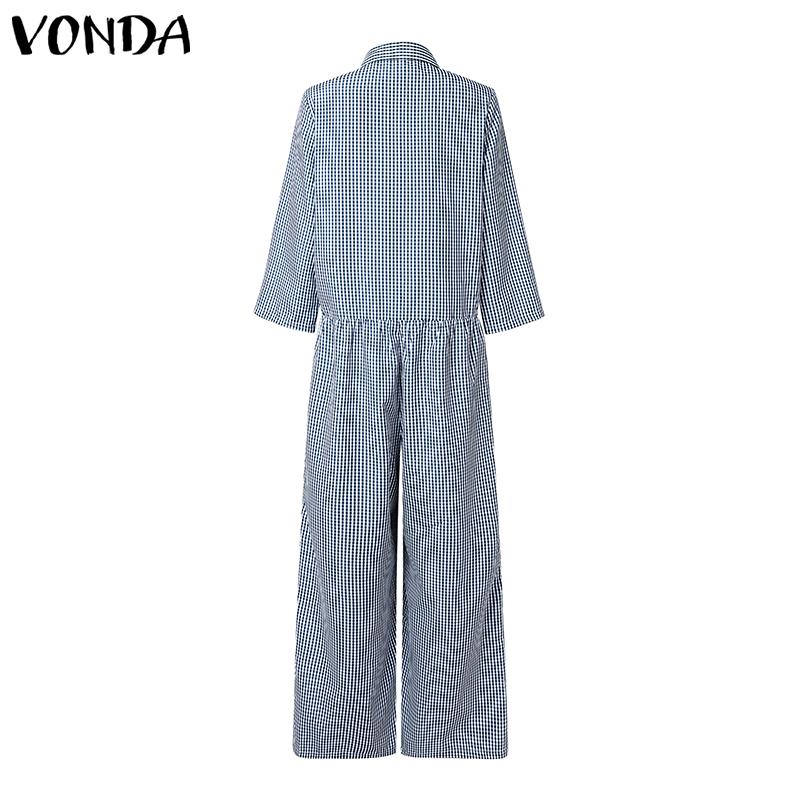 VONDA Women Lapel Neck Long Sleeve Plaid Casual Long Jumpsuits Overalls