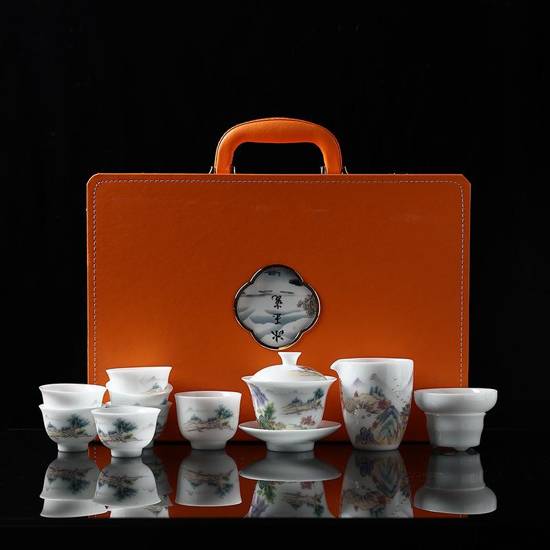 

Ice-type white porcelain suet jade kung fu tea set, household ceramic cover bowl teacup, Chinese tea brewer set