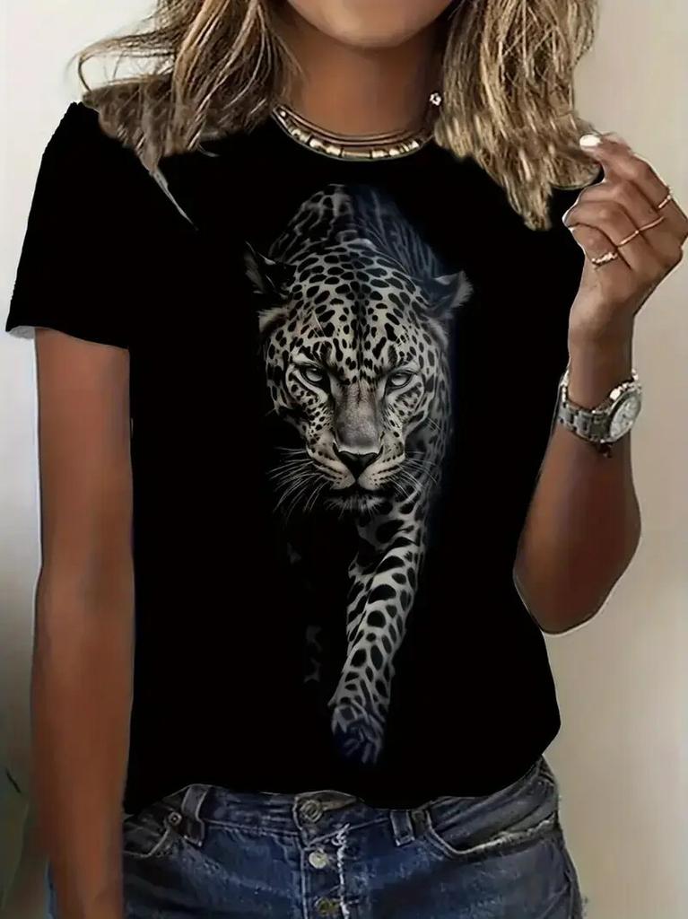 Sommer Tier Leopard 3D Druck T-Shirts Damen Streetwear Lässige Mode Y2k Kurzarm T-Shirt O-Ausschnitt T-Shirts Oberteile Kleidung